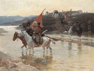 Tscherkessen Beim Queren Des Flusses by Franz Roubaud