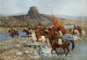 Tscherkessen Beim Uberqueren Eines Flusses Im Kaukasus by Franz Roubaud