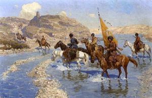Tscherkessen Zu Pferd Beim Durchqueren Einer Furt Im Kaukasus