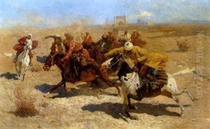 Orientalen In Wildem Ritt In Steppenlandschaft
