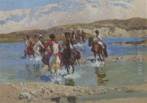 Tscherkessenreiter Beim Durchqueren Eines Flusses Im Kaukasus by Franz Roubaud