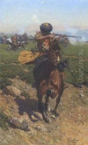 Tscherkesse Mit Angelegtem Gewehr Zu Pferd by Franz Roubaud