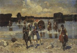 Tscherkessenreiter Mit Planwagen Bei Einer Flussuberquerung by Franz Roubaud