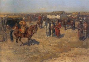 Pferdemarkt Im Kaukasus by Franz Roubaud