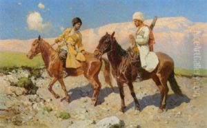 Zwei Kosaken Zu Pferde In Sonniger Gebirgslandschaft by Franz Roubaud