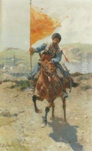 Kaukasisk Ryttare Med Standar by Franz Roubaud