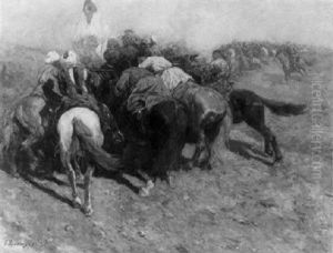 Tscherkessen Zu Pferde Im Kampf Um Eine Fahne by Franz Roubaud