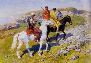 Drei Tscherkessenreiter Im Kaukasus by Franz Roubaud
