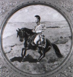 Ein Dragoner Zu Pferd Auf Einer Wiese Im Hellen Sonnenlicht by Franz Roubaud