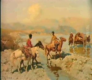 Tscherkessische Reiter Mit Leiterwagen Bei Der Flussberquerung by Franz Roubaud