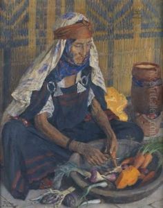 Vieille Femme Tunisienne Preparant Des Legumes by Alexandre Roubtzoff