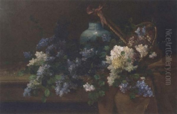Carnations And Other Summer Flowers Overflowing From A Basket By A Vase On A Draped Table - view 1