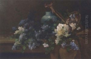 Carnations And Other Summer Flowers Overflowing From A Basket By A Vase On A Draped Table