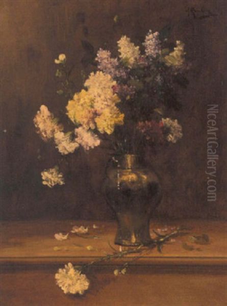 Carnations And Lilac In A Copper Vase - view 1