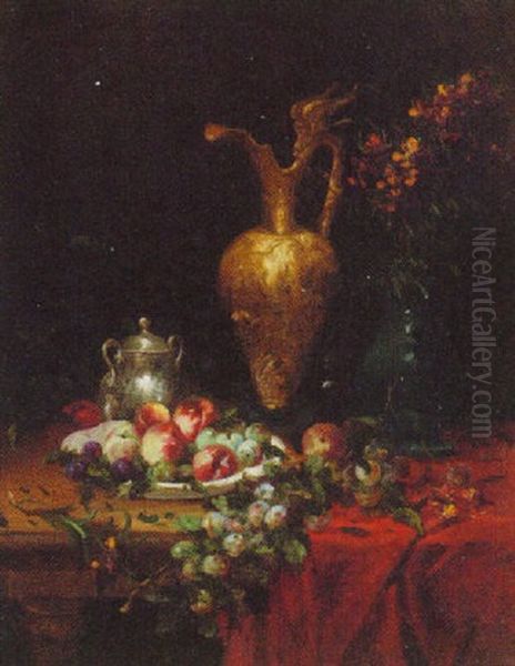 Brass And Silver Jugs Standing Next To An Overflowing Bowl Of Peaches, Plums And Apples On A Table - view 1