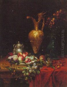 Brass And Silver Jugs Standing Next To An Overflowing Bowl Of Peaches, Plums And Apples On A Table