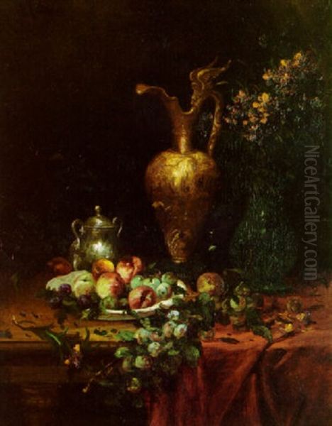 Peaches And Plums In A Bowl With Vases On A Draped Table - view 1