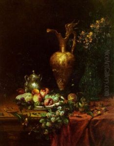 Peaches And Plums In A Bowl With Vases On A Draped Table