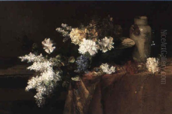 Lilacs, Carnations, A Glass Ewre And Vases On A Table Top - view 1
