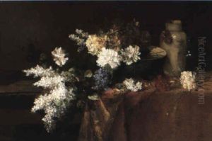 Lilacs, Carnations, A Glass Ewre And Vases On A Table Top