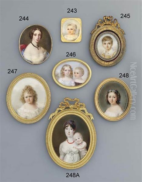 Auguste Des Cars, Later Duc Des Cars, In Burgundy Dress With Fair Hair, And Helene Des Cars, Later Madame Standish, In White Voile Dress With Blue Ribbon Trim, Hair In Ringlets With Blue Silk Ribbon - view 1
