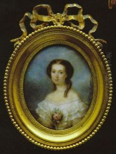 A Lady In Her Wedding Dress, With Tiered White Bodice, And A Posy Of Flowers At Her Corsage