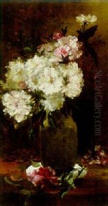 Pink And White Flowers On A Table by Alfred Roudy