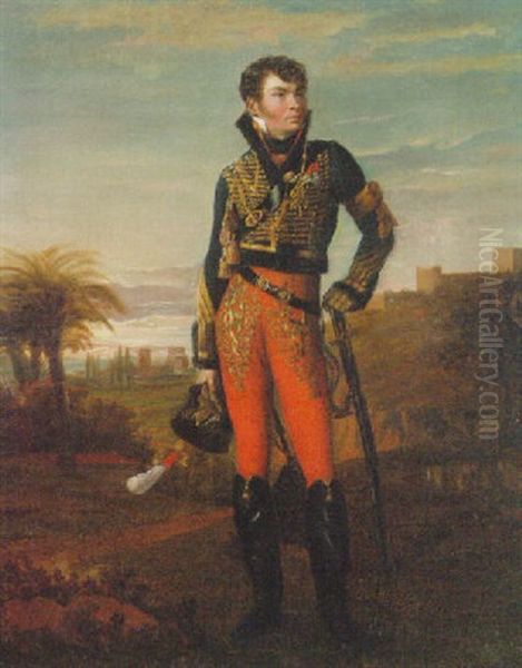 Portrait Of A French Hussar Of The Napoleonic Era Standing In An Egyptian Landscape - view 1