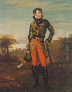 Portrait Of A French Hussar Of The Napoleonic Era Standing In An Egyptian Landscape by Georges Rouget