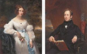 Portrait Of Madame Auguste Jacobe De Naurois In A White Dress With A Blue Sash And Holding A Rose Bouquet