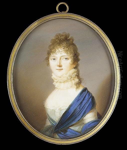 A Lady, Wearing Decollete Pale Blue Dress With White Lace Trim, Blue Sash Wound Around Her Body And Over Her Left Shoulder, Cream Ruff And Gauze Across Her Chest - view 1