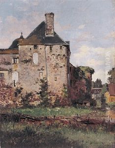 Blick Auf Altes Schloss Mit Teich, Schwanenpaar Und Gehoft An Einem Prachtvollen Sommertag