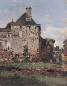 Blick Auf Altes Schloss An Einem Prachtvollen Sommertag Mit Teich, Schwanenpaar Und Gehoft