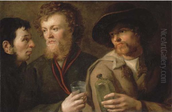 Three Men With A Glass And A Bottle - view 1