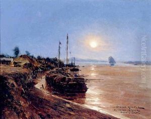 Boats Before A Village By Moonlight, Hanoi by Gaston-Marie-Anatole Roullet