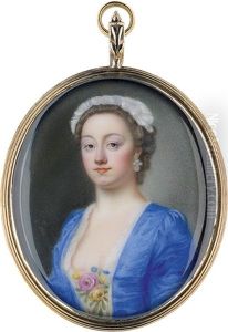 Portrait Einer Dame Im Blauen Kleid, Mit Rosenbluten Am Dekollete Und Weiser Haube