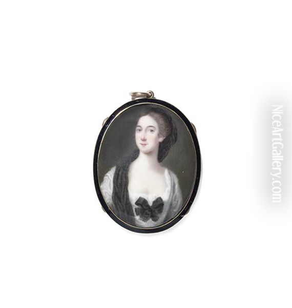 A Lady Wearing A White Dress With Folded Black Ribbon To Her Corsage - view 1