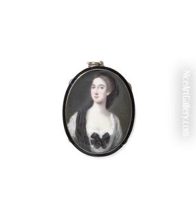 A Lady Wearing A White Dress With Folded Black Ribbon To Her Corsage by Jean Andre Rouquet