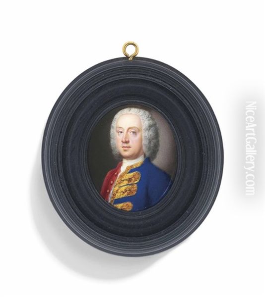 A Gentleman, In Red And Blue Coat With Gold Frogging On One Side, White Cravat, Powdered Wig - view 1