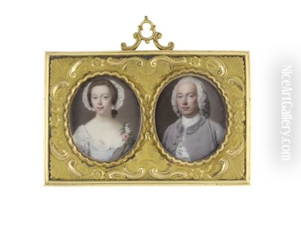 A Pair Of Miniatures Portraying Mr Edward Fowke (1714-1789) And His Wife, Mrs Hester Fowke Nee Hollond (c.1724-1750): He, Wearing Violet Coat, White Waistcoat, Chemise, Stock And Cravat - view 1