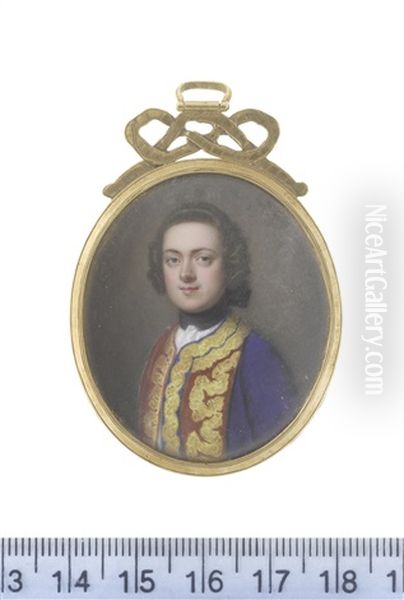 A Gentleman, Wearing Blue Coat With Red Facings Embroidered With Gold, White Frilled Chemise And Black Stock, His Natural Wig Worn En Queue And Tied With A Black Ribbon Bow - view 1