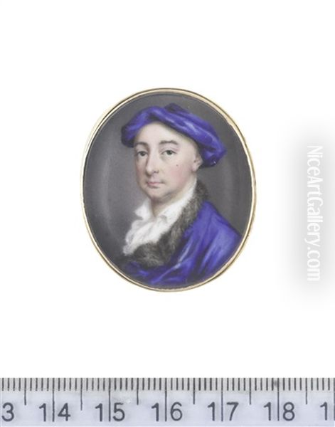 A Gentleman, Wearing Blue Coat With Fur Trim And Matching Cap, Open White Chemise - view 1