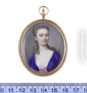 A Lady, Wearing Blue Dress Drawn Across Her White Chemise With A Pink Ribbon Bow, Her Light Brown Hair Upswept And Braided