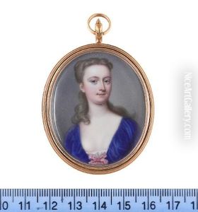A Lady, Wearing Blue Dress Fastened Across Her White Chemise With A Pink Ribbon Bow, Her Light Brown Hair Upswept And Braided