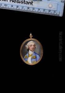 A Gentleman, Wearing Pale Blue Coat Over White Waistcoat, Both Trimmed With Gold Embroidery And Button Holes, White Stock, His Powdered Wig Worn En Queue Tied With A Black Ribbon Bow A Gentleman, Wearing Pale Blue Coat Over White Waistcoat, Both Trimmed With Gold Embroidery And Button Holes, White Stock, His Powdered Wig Worn En Queue Tied With A Black Ribbon Bow