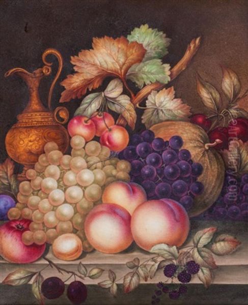 A Painted Porcelain Plaque With Fruit And A Ewer On A Ledge - view 1