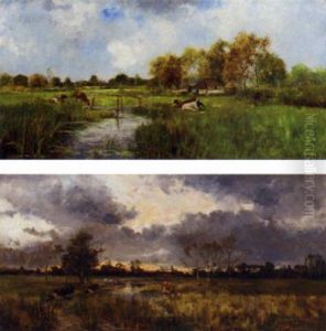 Cattle Resting In A Meadow; Cattle Watering In A Meadow At Sunset Cattle Resting In A Meadow; Cattle Watering In A Meadow At Sunset