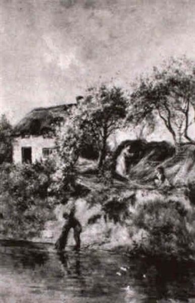 Figures Collecting Reeds By A Thatched Cottage - view 1