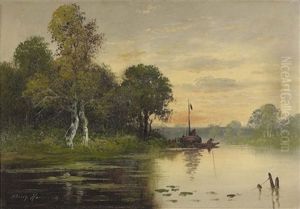 Flusslandschaft In Der Morgendammerung Mit Anglern