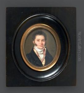 Portrait D'un Jeune Homme En Redingote Grise, Gilet Raye Jaune Double De Rose Et Cravate Blanche. Il Est Coiffe De Fines Meches Et Favoris